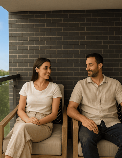 Terraza con personas 1 Argales Central: Promoción de obra nueva